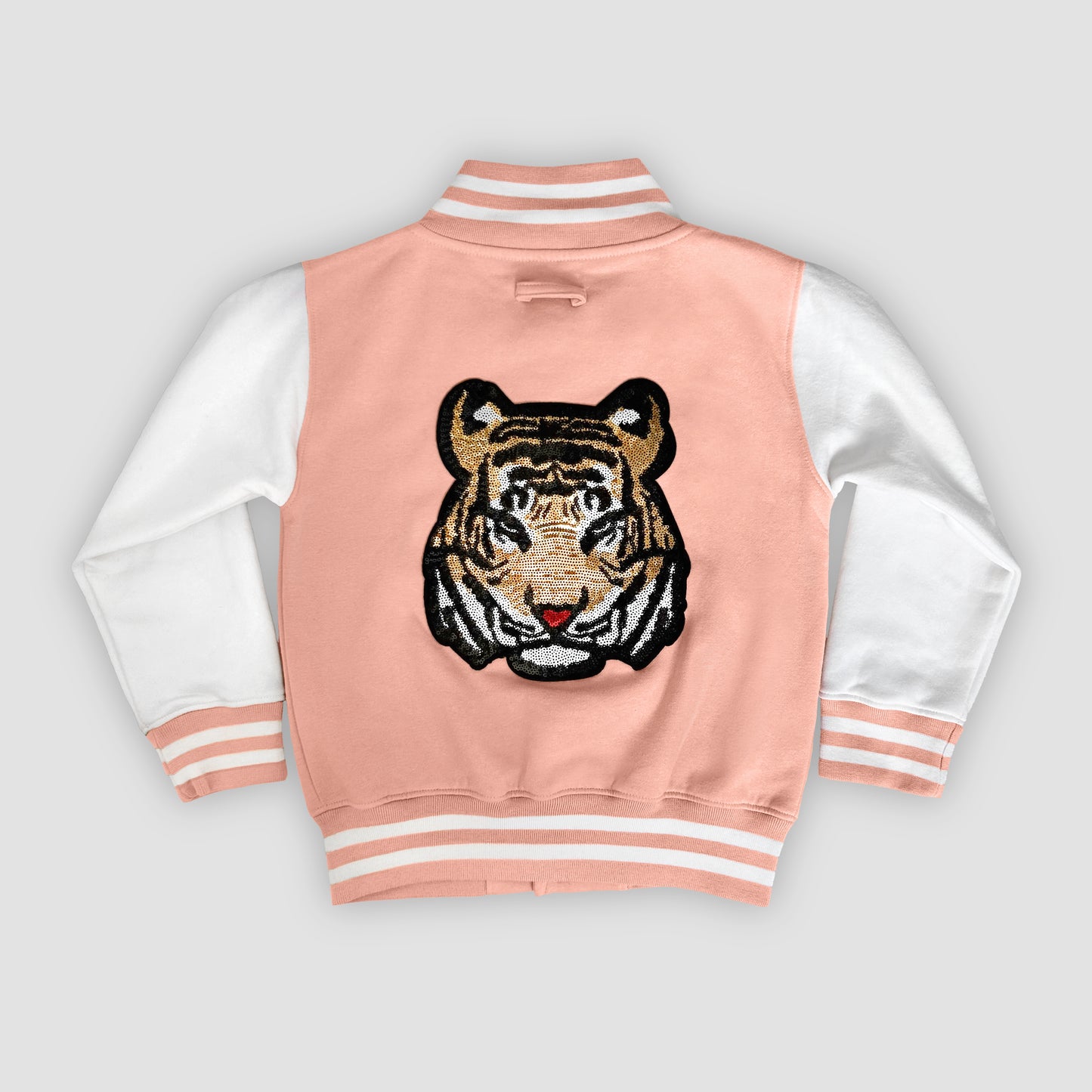 Born Cool - Kids Soft Pink Varsity Jacket | Sequin Tiger