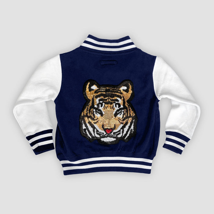 Born Cool -  Kids Navy Varsity Jacket | Sequin Tiger