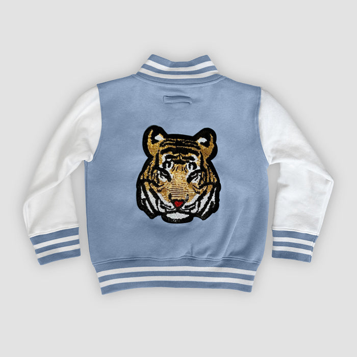 Born Cool - Kids Soft Blue Varsity Jacket | Sequin Tiger