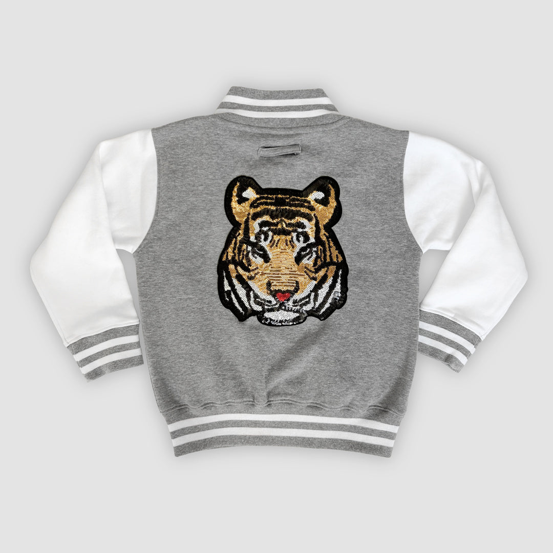 Born Cool  - Kids Grey Varsity Jacket | Sequin Tiger