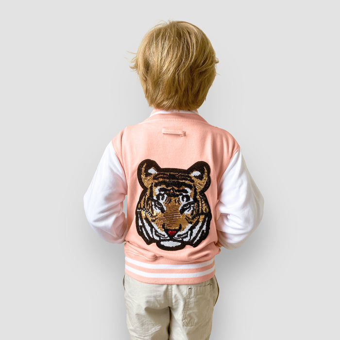 Born Cool - Kids Soft Pink Varsity Jacket | Sequin Tiger