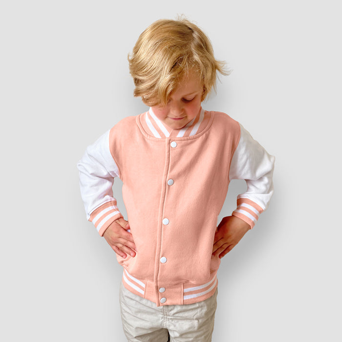 Born Cool - Kids Soft Pink Varsity Jacket | Sequin Tiger