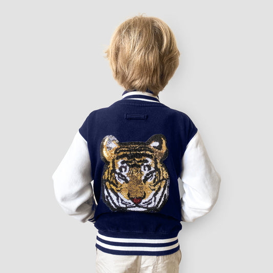 Born Cool -  Kids Navy Varsity Jacket | Sequin Tiger