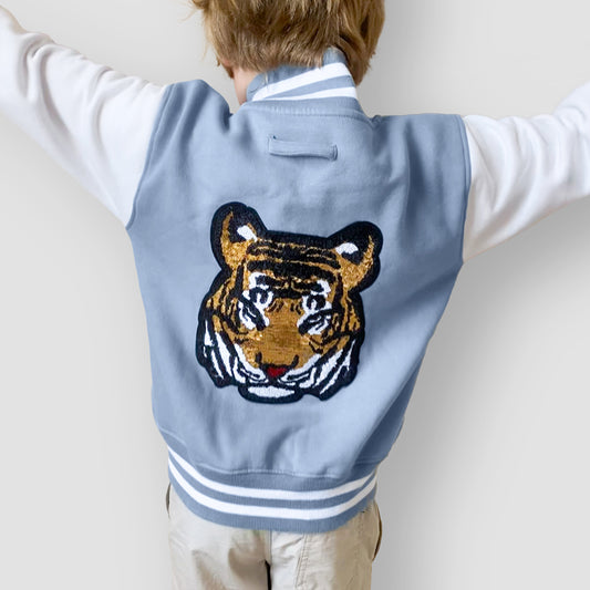 Born Cool - Kids Soft Blue Varsity Jacket | Sequin Tiger