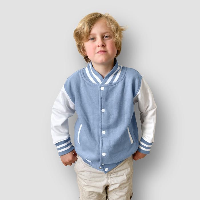 Born Cool - Kids Soft Blue Varsity Jacket | Sequin Tiger