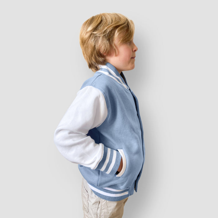 Born Cool - Kids Soft Blue Varsity Jacket | Sequin Tiger