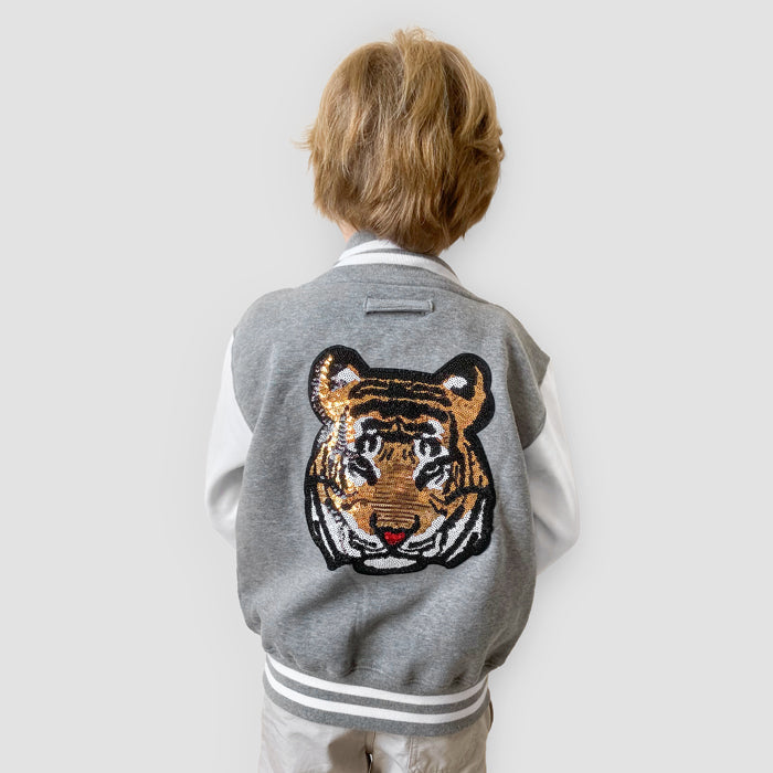 Born Cool  - Kids Grey Varsity Jacket | Sequin Tiger