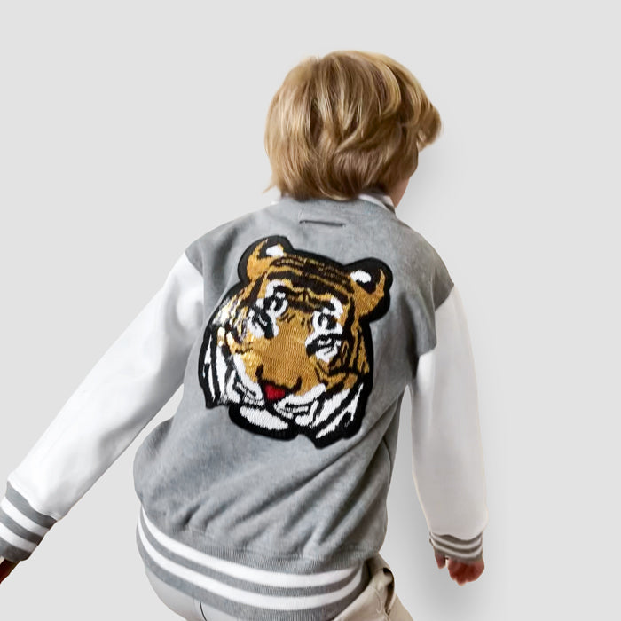 Born Cool  - Kids Grey Varsity Jacket | Sequin Tiger